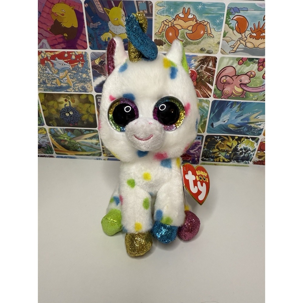 TY Beanie Boo Harmonie Unicorn Plush 7" Rainbow Spotted Glitter Eyes